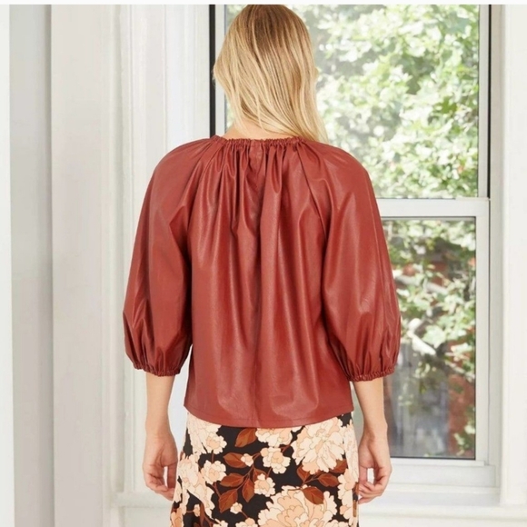 New Women's Faux Leather Balloon 3/4 Sleeve Blouse - Who What Wear  - Picture 2 of 7